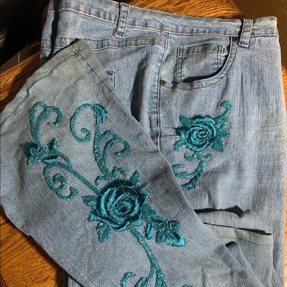 Light wash jeans with turquoise beaded trim